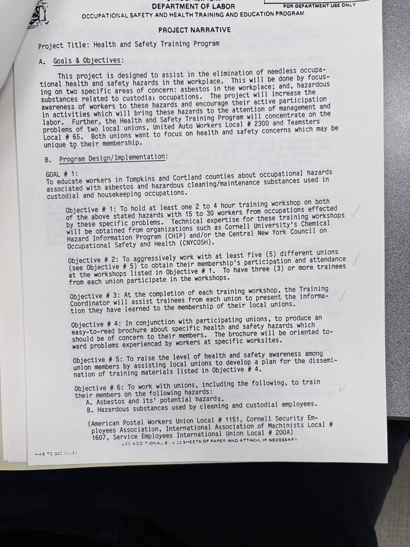 Photograph of a draft agreement: State health and safety training contract, July 1988 – June 1989, page 4.