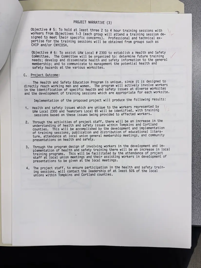 Photograph of a draft agreement: State health and safety training contract, July 1988 – June 1989, page 6.