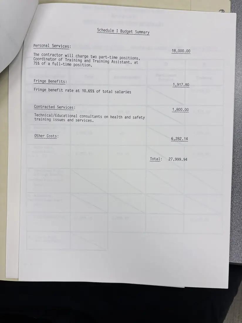 Photograph of a draft agreement: State health and safety training contract, July 1988 – June 1989, page 8.
