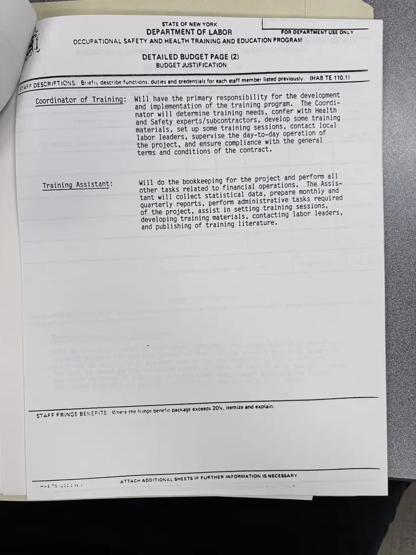 Photograph of a draft agreement: State health and safety training contract, July 1988 – June 1989, page 10.