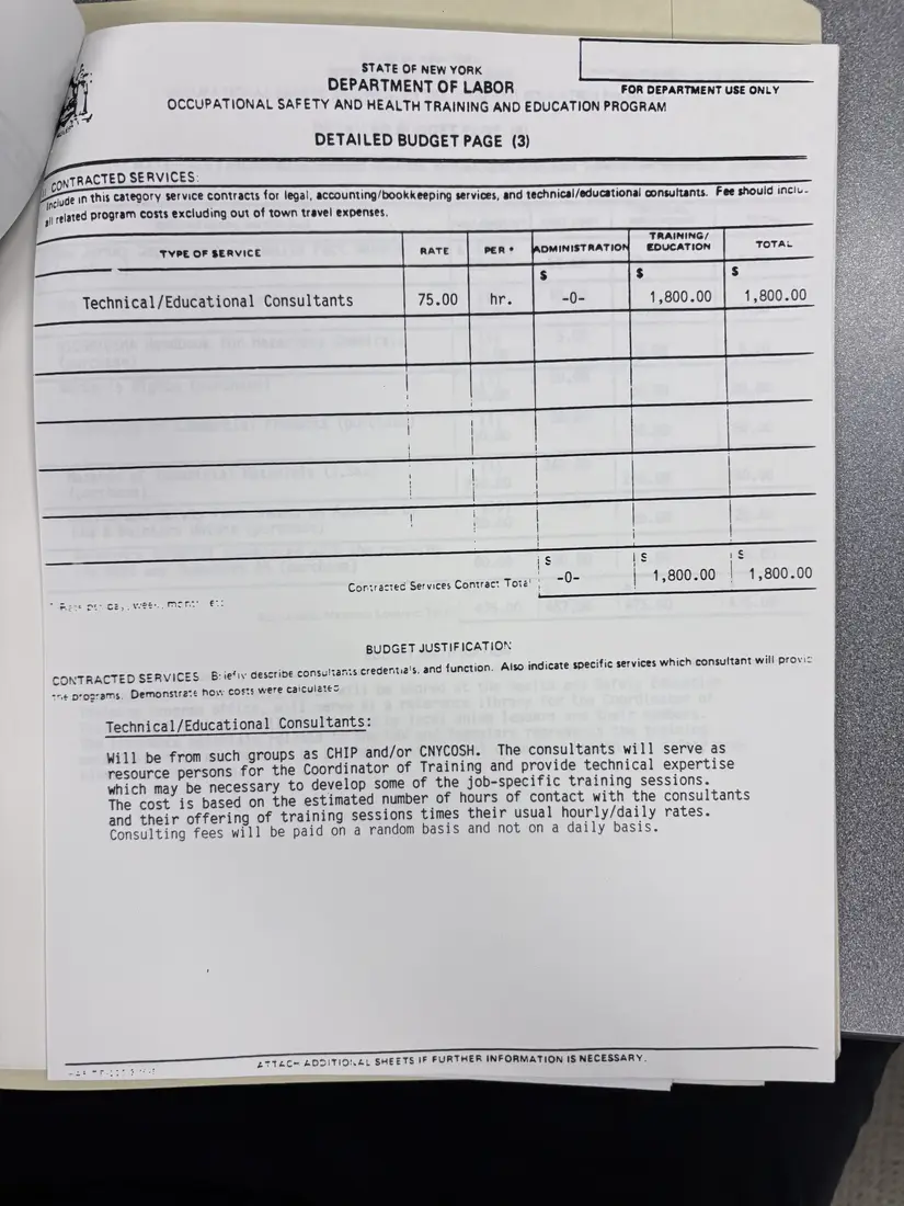 Photograph of a draft agreement: State health and safety training contract, July 1988 – June 1989, page 11.