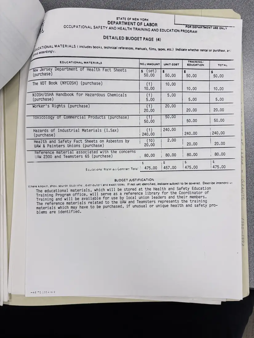 Photograph of a draft agreement: State health and safety training contract, July 1988 – June 1989, page 12.