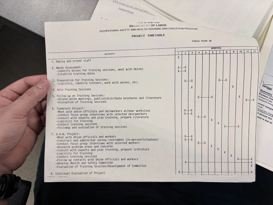 Photograph of a project timetable form, held sideways in a hand, with planned activities marked by month.