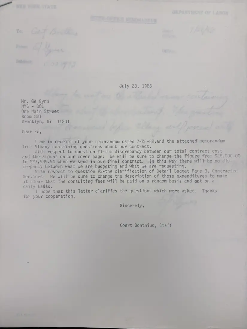 Photograph of a letter: Correspondence with the Department of Labor on the 1988–89 contract budget, page 2.