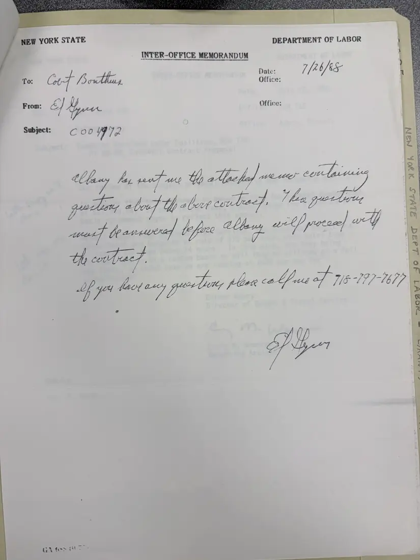 Photograph of a letter: Correspondence with the Department of Labor on the 1988–89 contract budget, page 1.