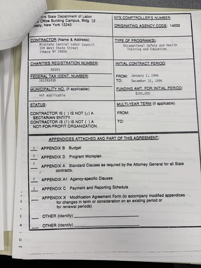Photograph of a draft agreement: State health and safety training contract, 1996 (Midstate Central Labor Council), page 1.