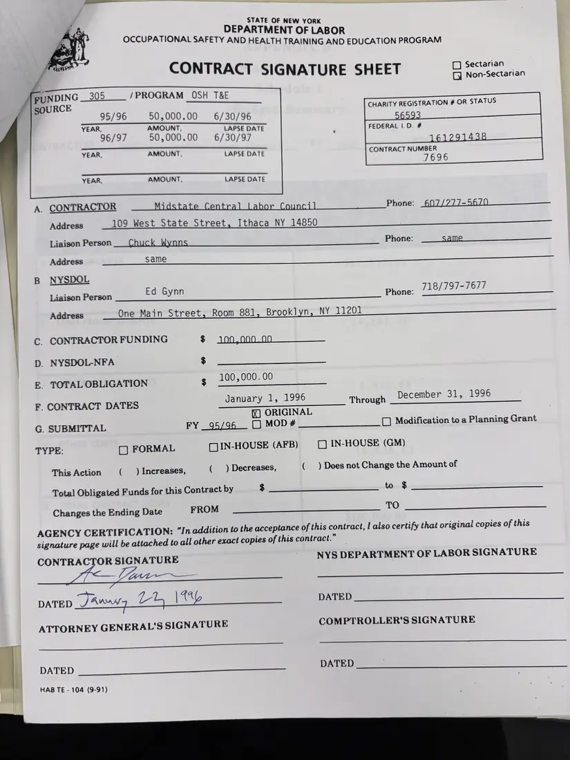 Photograph of a draft agreement: State health and safety training contract, 1996 (Midstate Central Labor Council), page 2.