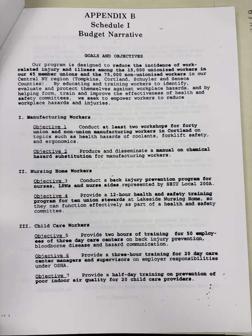 Photograph of a draft agreement: State health and safety training contract, 1996 (Midstate Central Labor Council), page 4.