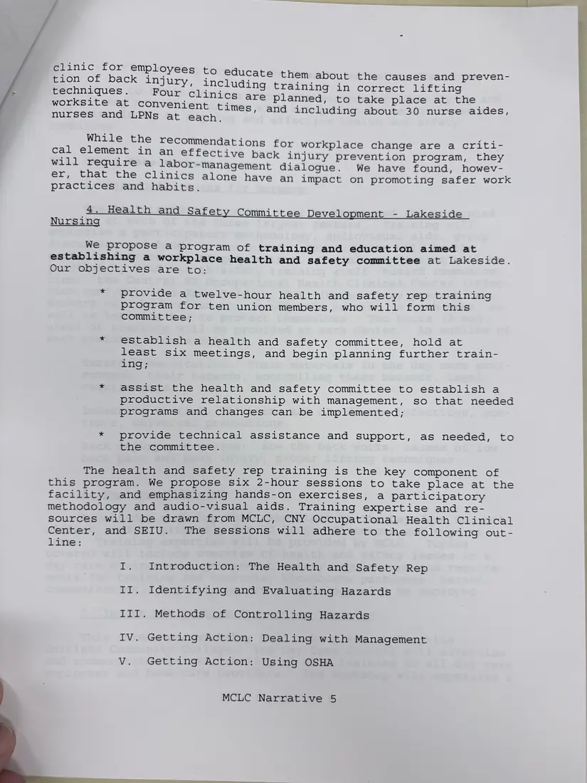 Photograph of a draft agreement: State health and safety training contract, 1996 (Midstate Central Labor Council), page 8.
