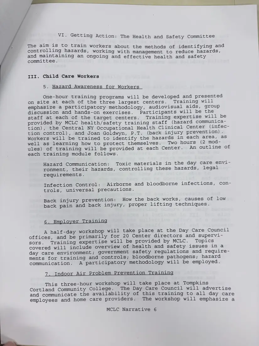 Photograph of a draft agreement: State health and safety training contract, 1996 (Midstate Central Labor Council), page 9.