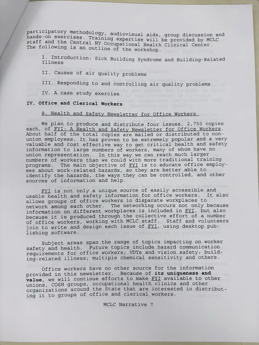 Photograph of a draft agreement: State health and safety training contract, 1996 (Midstate Central Labor Council), page 10.