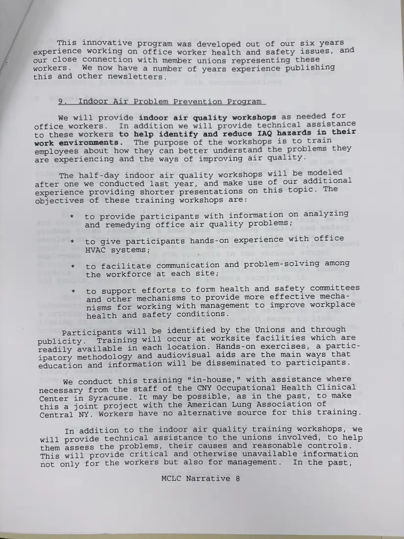 Photograph of a draft agreement: State health and safety training contract, 1996 (Midstate Central Labor Council), page 11.