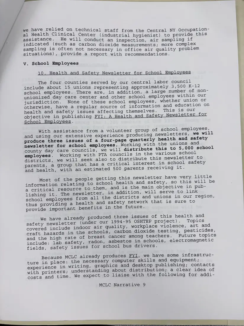 Photograph of a draft agreement: State health and safety training contract, 1996 (Midstate Central Labor Council), page 12.