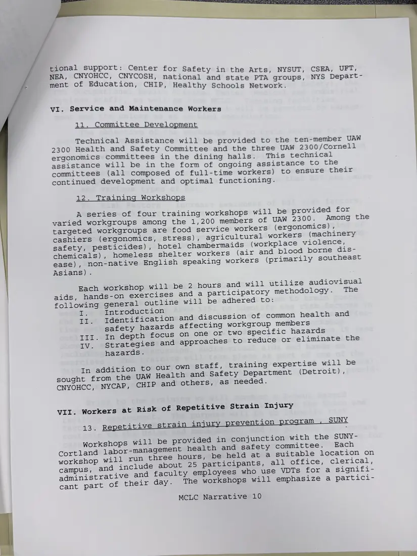 Photograph of a draft agreement: State health and safety training contract, 1996 (Midstate Central Labor Council), page 13.