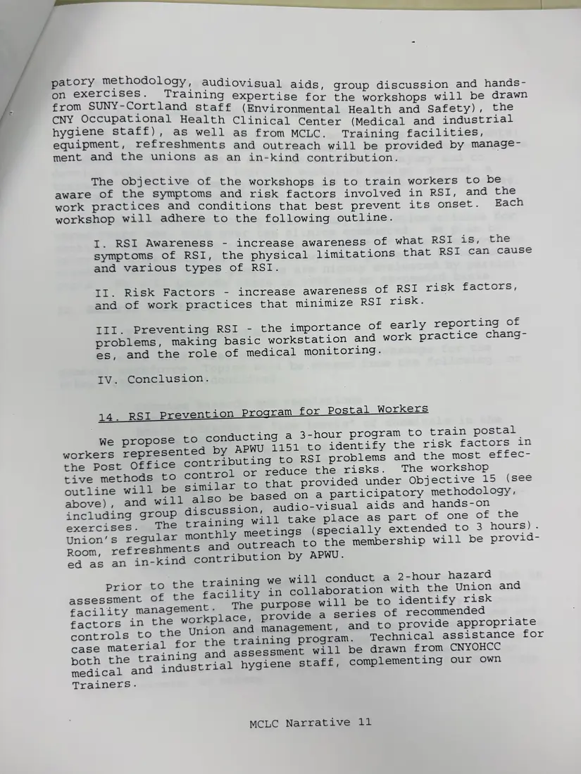 Photograph of a draft agreement: State health and safety training contract, 1996 (Midstate Central Labor Council), page 14.