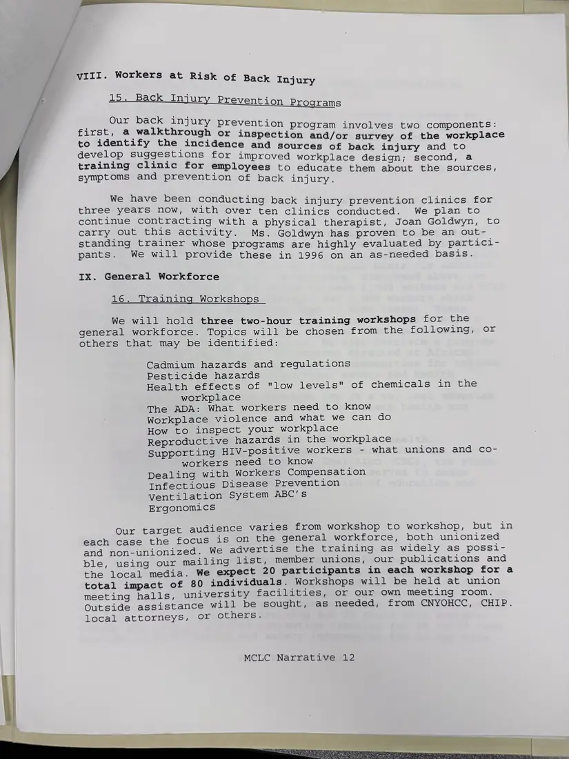 Photograph of a draft agreement: State health and safety training contract, 1996 (Midstate Central Labor Council), page 15.