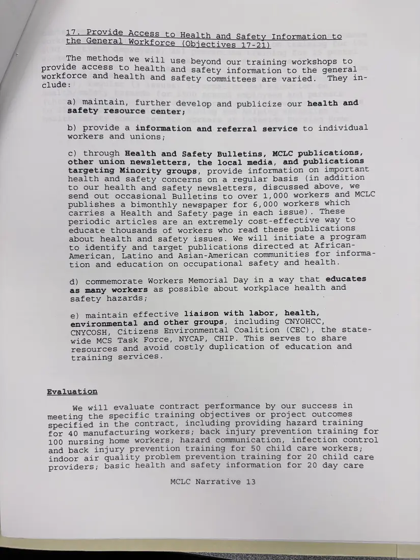 Photograph of a draft agreement: State health and safety training contract, 1996 (Midstate Central Labor Council), page 16.