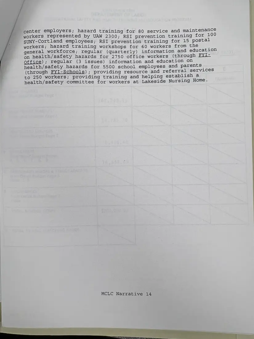 Photograph of a draft agreement: State health and safety training contract, 1996 (Midstate Central Labor Council), page 17.