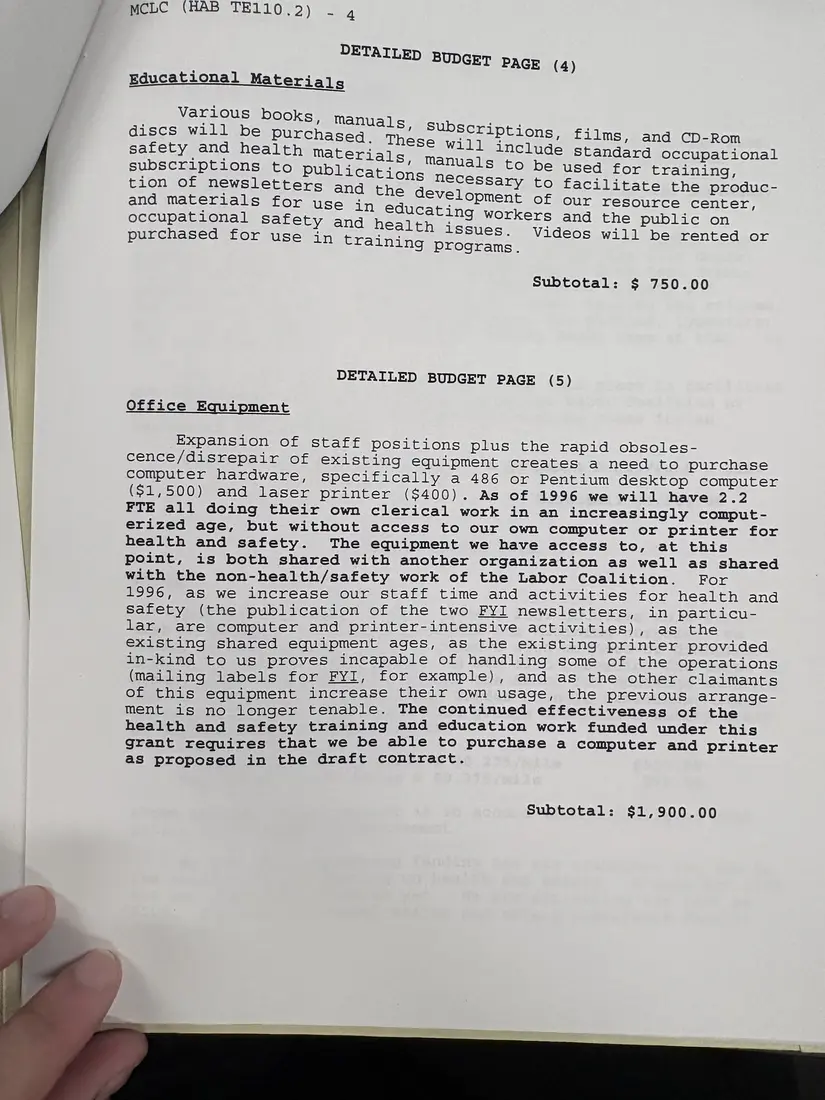 Photograph of a draft agreement: State health and safety training contract, 1996 (Midstate Central Labor Council), page 19.