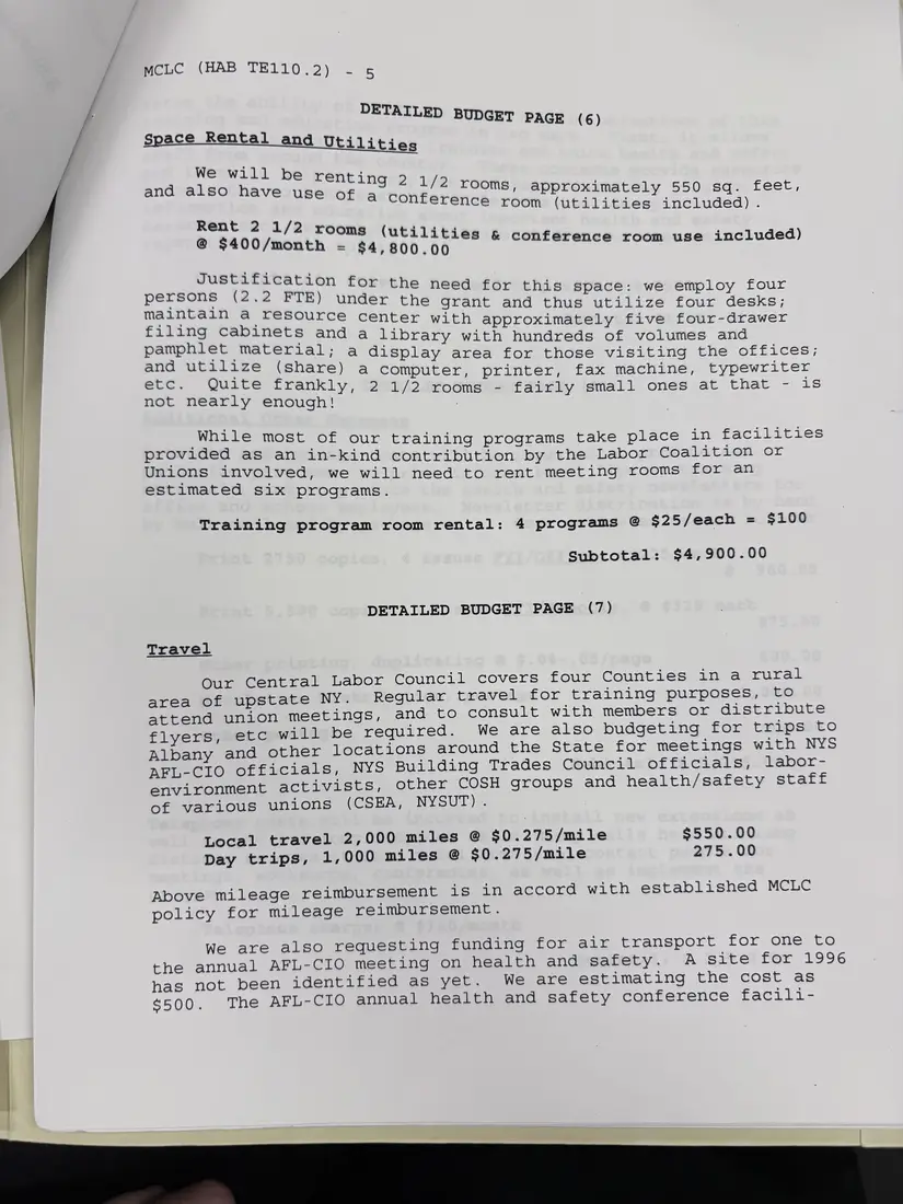 Photograph of a draft agreement: State health and safety training contract, 1996 (Midstate Central Labor Council), page 20.