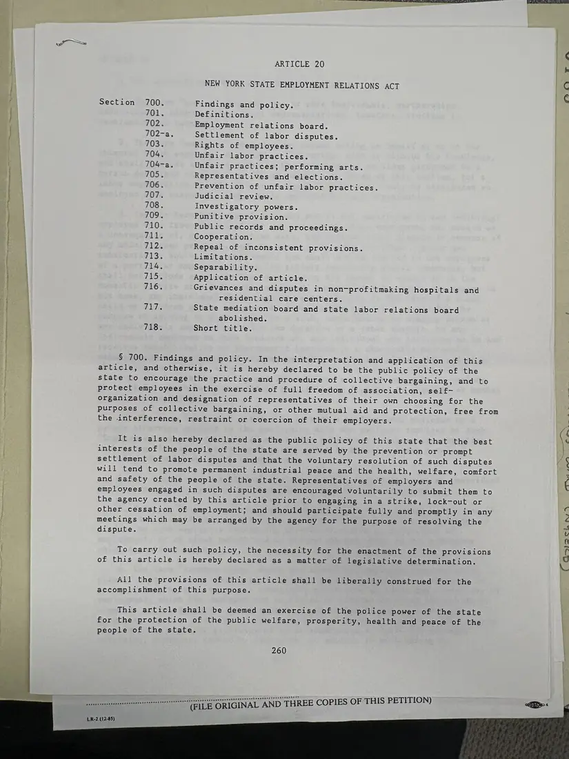 Photograph of a form: Article 20 of the New York State Employment Relations Act (printed text), page 1.