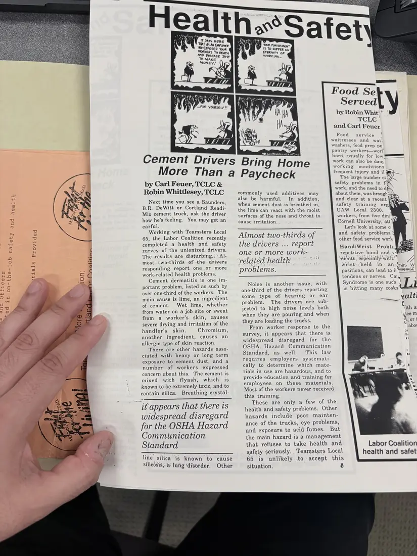 Photograph of a newsletter: “Cement Drivers Bring Home More Than a Paycheck”, page 1.