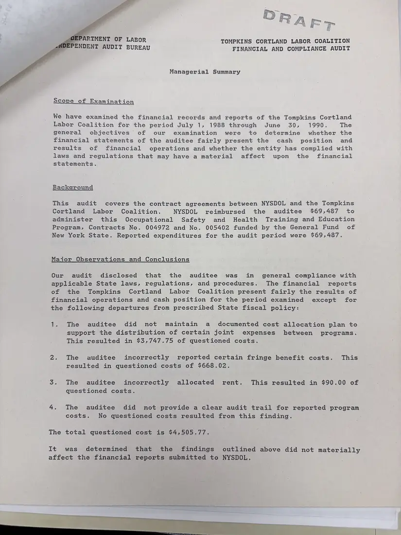 Photograph of a report: Department of Labor financial and compliance audit (draft), contracts 1988–1990, page 2.