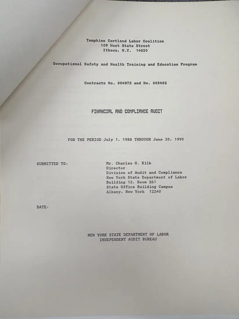Photograph of a report: Department of Labor financial and compliance audit (draft), contracts 1988–1990, page 3.
