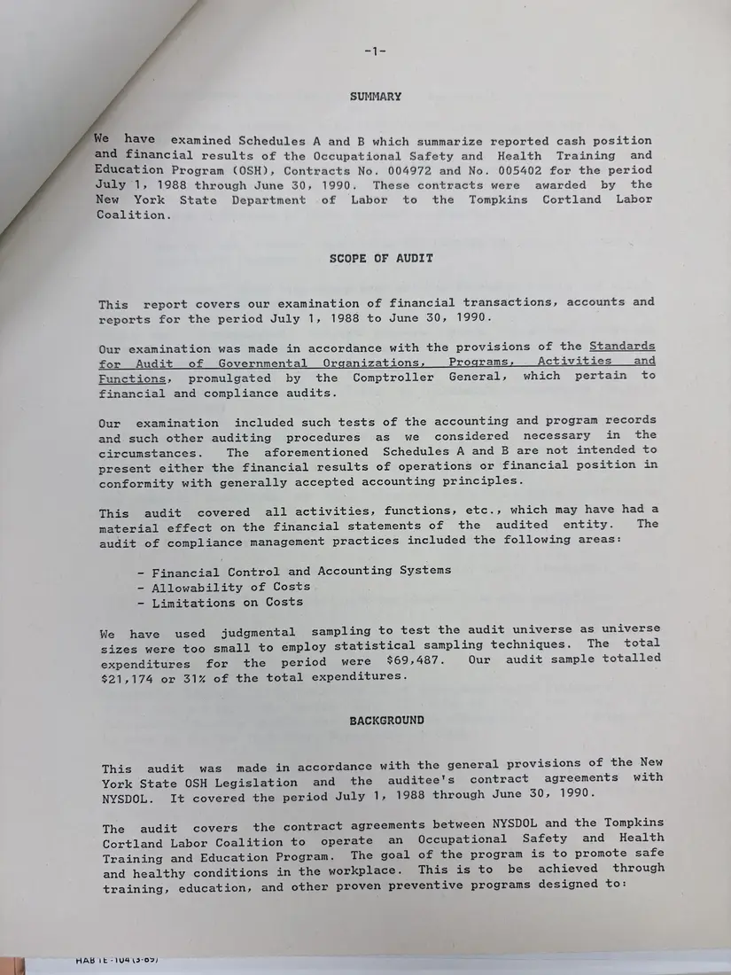 Photograph of a report: Department of Labor financial and compliance audit (draft), contracts 1988–1990, page 5.