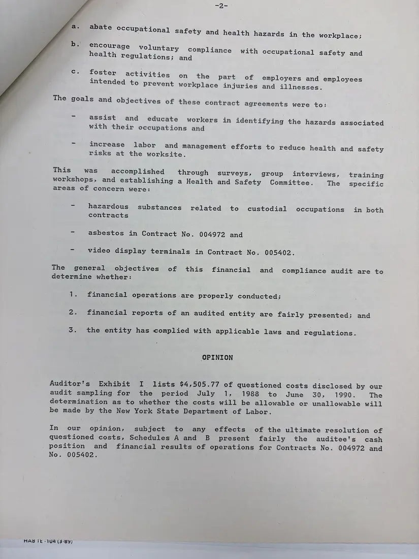 Photograph of a report: Department of Labor financial and compliance audit (draft), contracts 1988–1990, page 6.