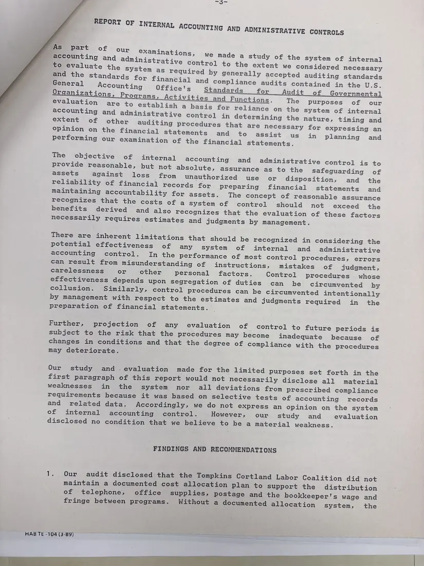 Photograph of a report: Department of Labor financial and compliance audit (draft), contracts 1988–1990, page 7.