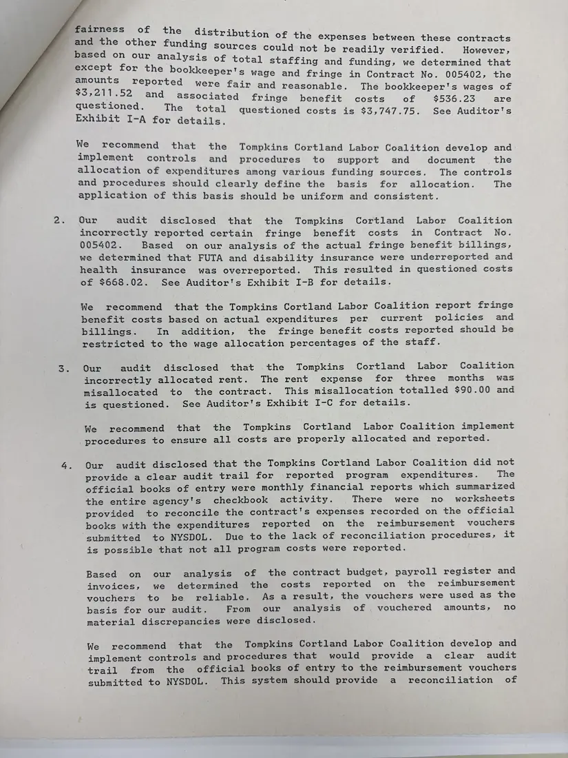 Photograph of a report: Department of Labor financial and compliance audit (draft), contracts 1988–1990, page 8.