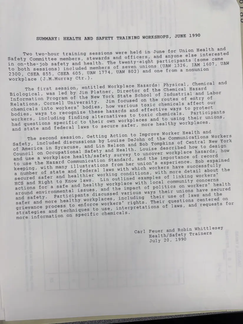 Photograph of a report: Summary of health and safety training workshops, June 1990, page 1.