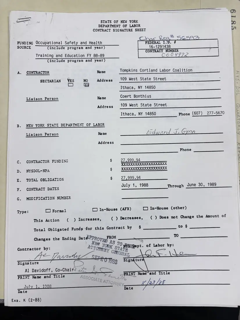 Photograph of a draft agreement: State health and safety training contract, July 1988 – June 1989, page 1.