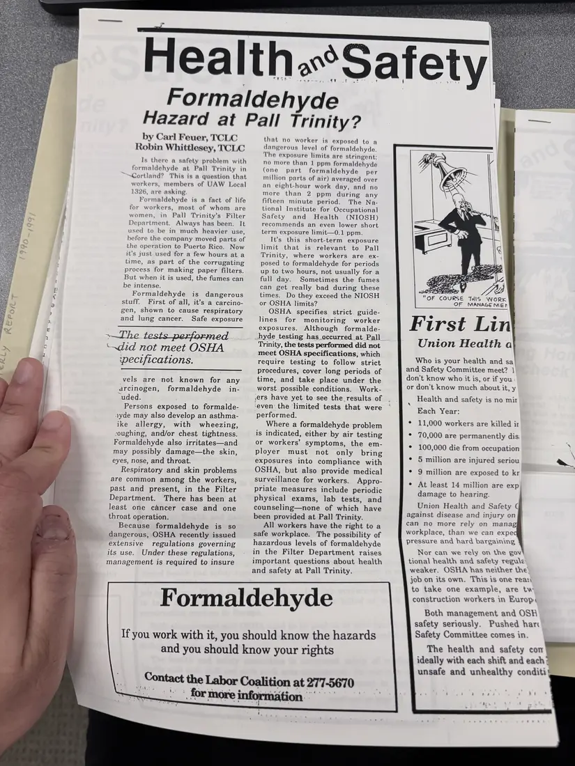 Photograph of a newsletter: “Formaldehyde Hazard at Pall Trinity?”, page 1.