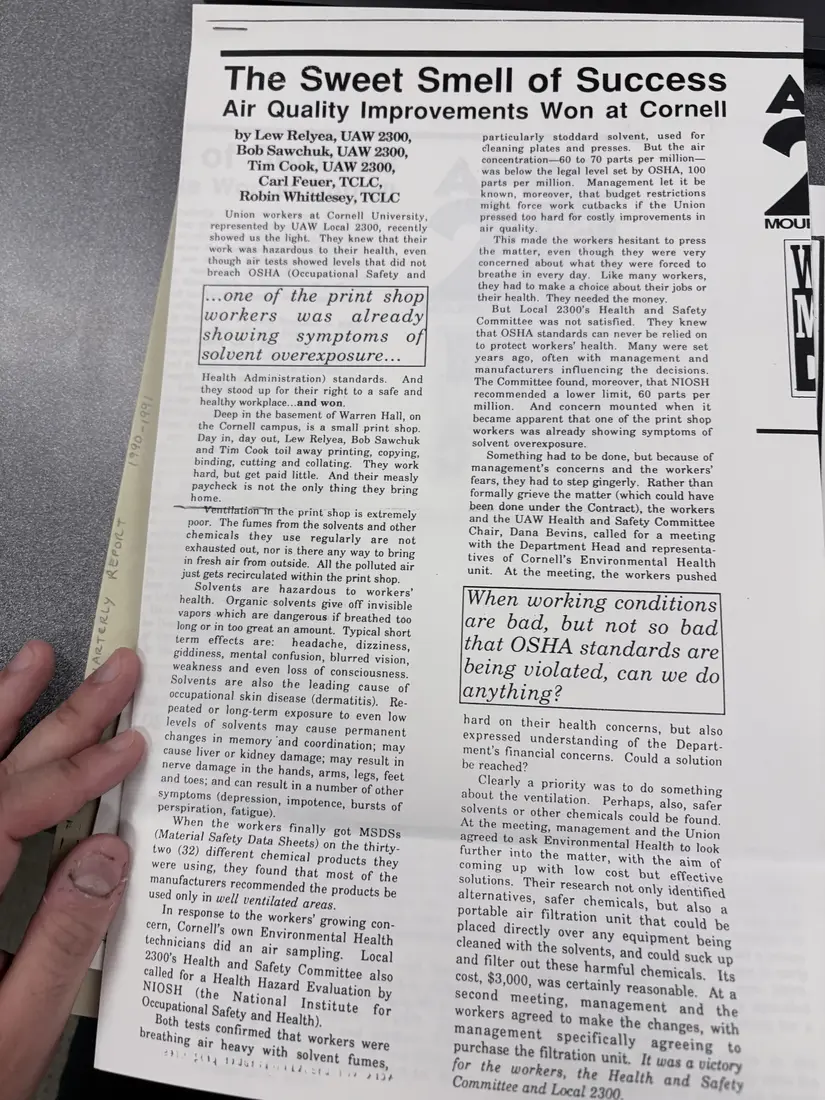 Photograph of a newsletter: “The Sweet Smell of Success: Air Quality Improvements Won at Cornell”, page 1.