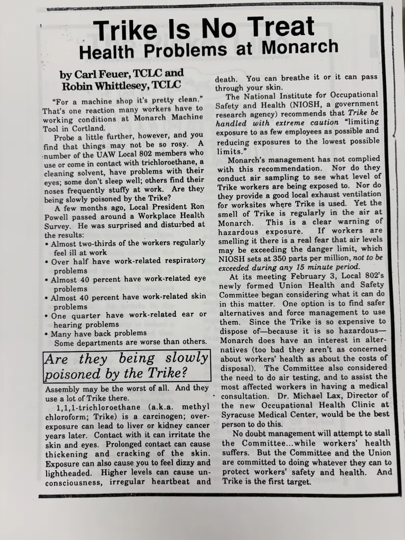 Photograph of a newsletter: “Trike Is No Treat: Health Problems at Monarch”, page 1.