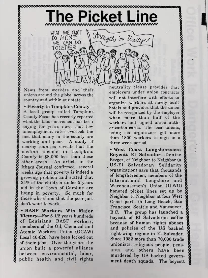 Photograph of a newsletter: “The Picket Line”: news from workers and their unions, page 1.