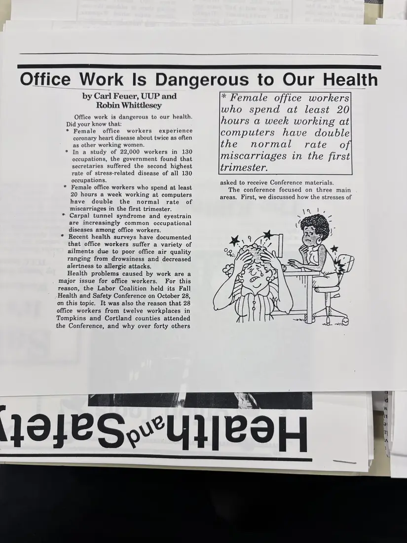 Photograph of a newsletter: “Office Work Is Dangerous to Our Health”, page 1.