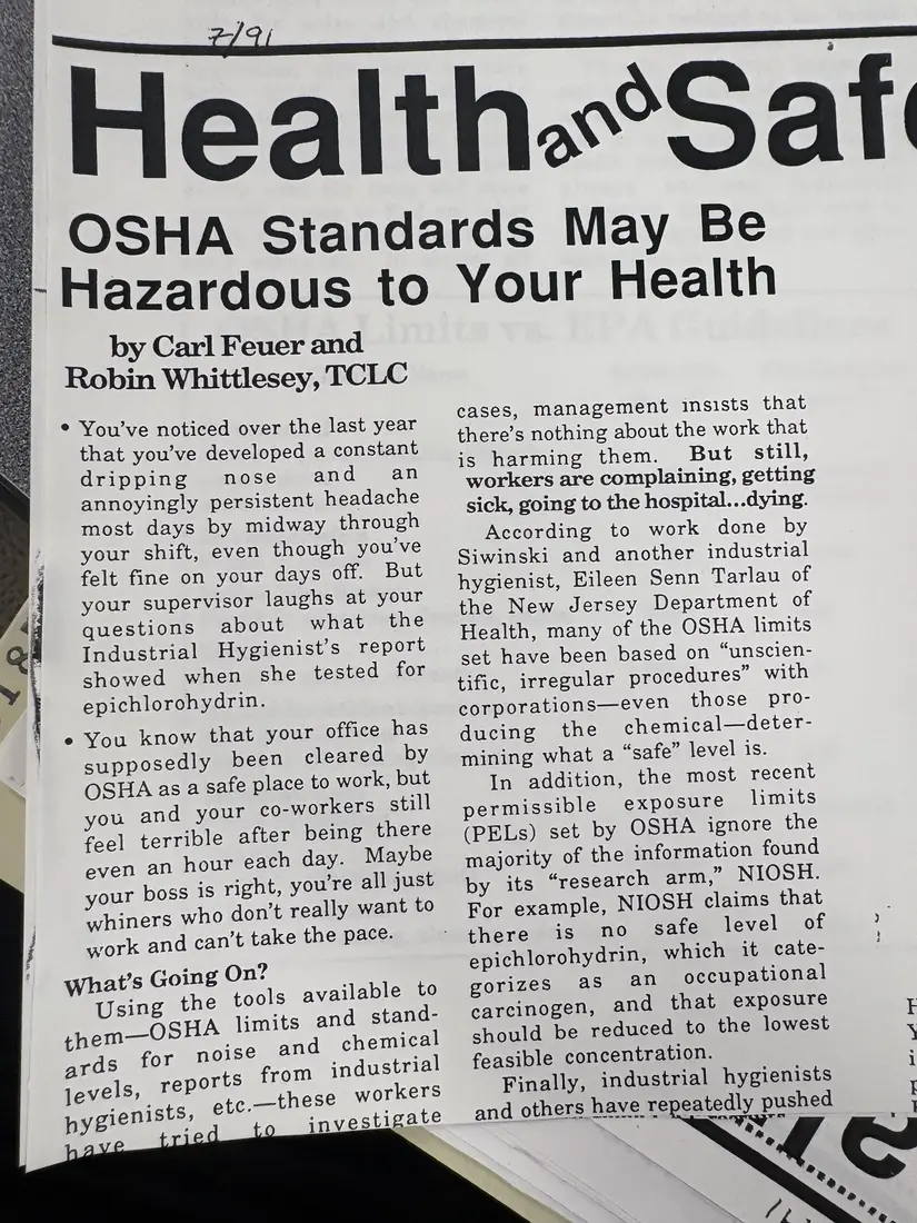 Photograph of a newsletter: “OSHA Standards May Be Hazardous to Your Health”, page 1.