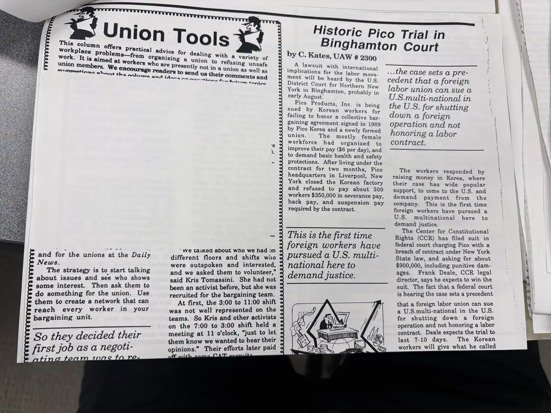 Photograph of a newsletter: “Union Tools” and “Historic Pico Trial in Binghamton Court”, page 1.
