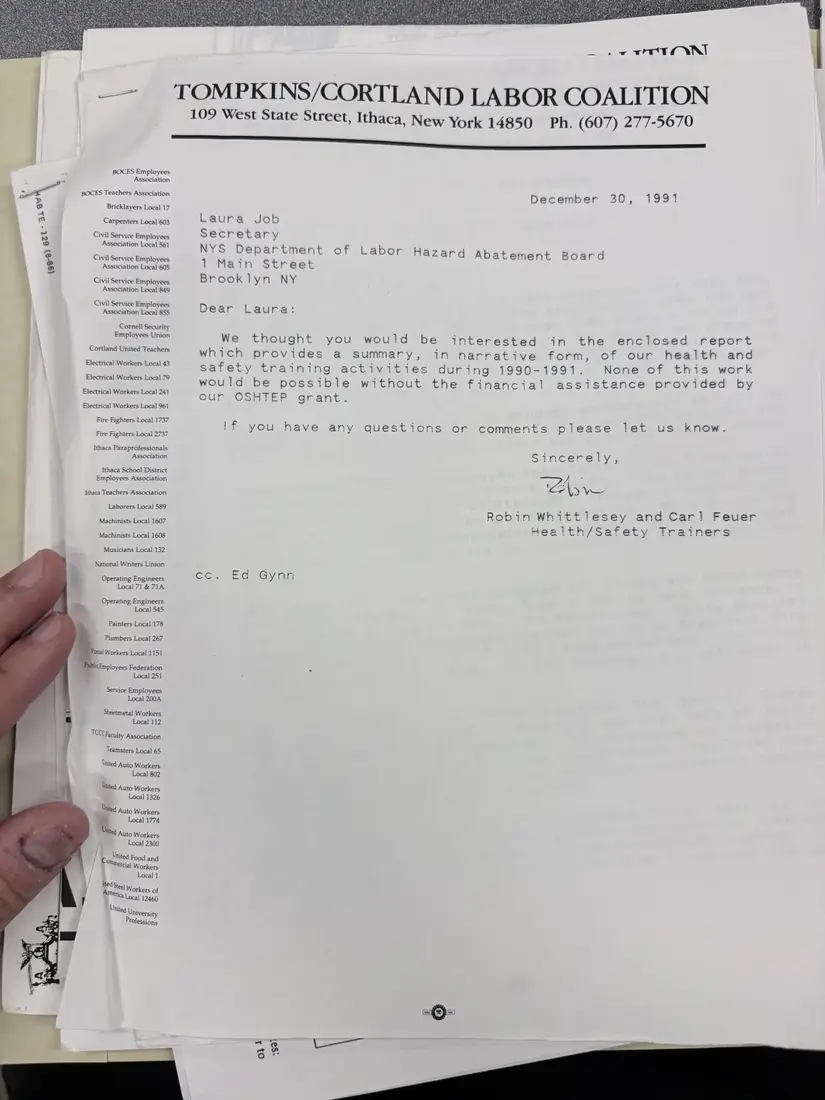 Photograph of a letter: Letter to the Hazard Abatement Board enclosing the 1990–91 report, page 1.