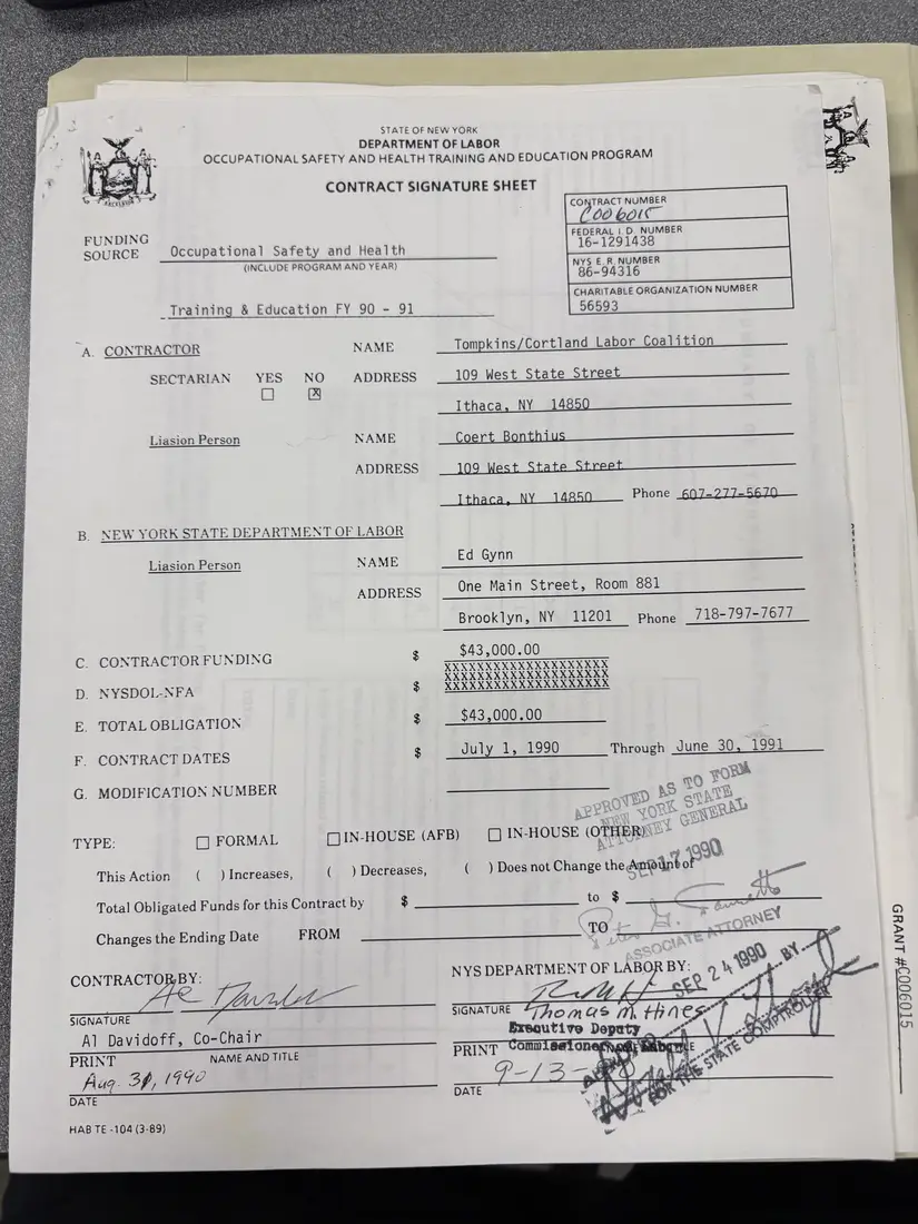 Photograph of a form: Contract signature sheet, July 1990 – June 1991, page 1.