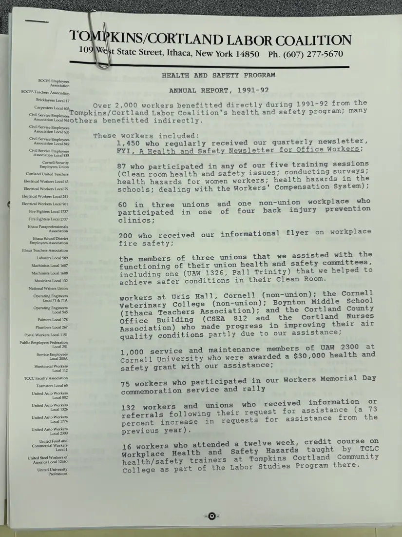 Photograph of a report: Health and Safety Program annual report, 1991–92, page 1.