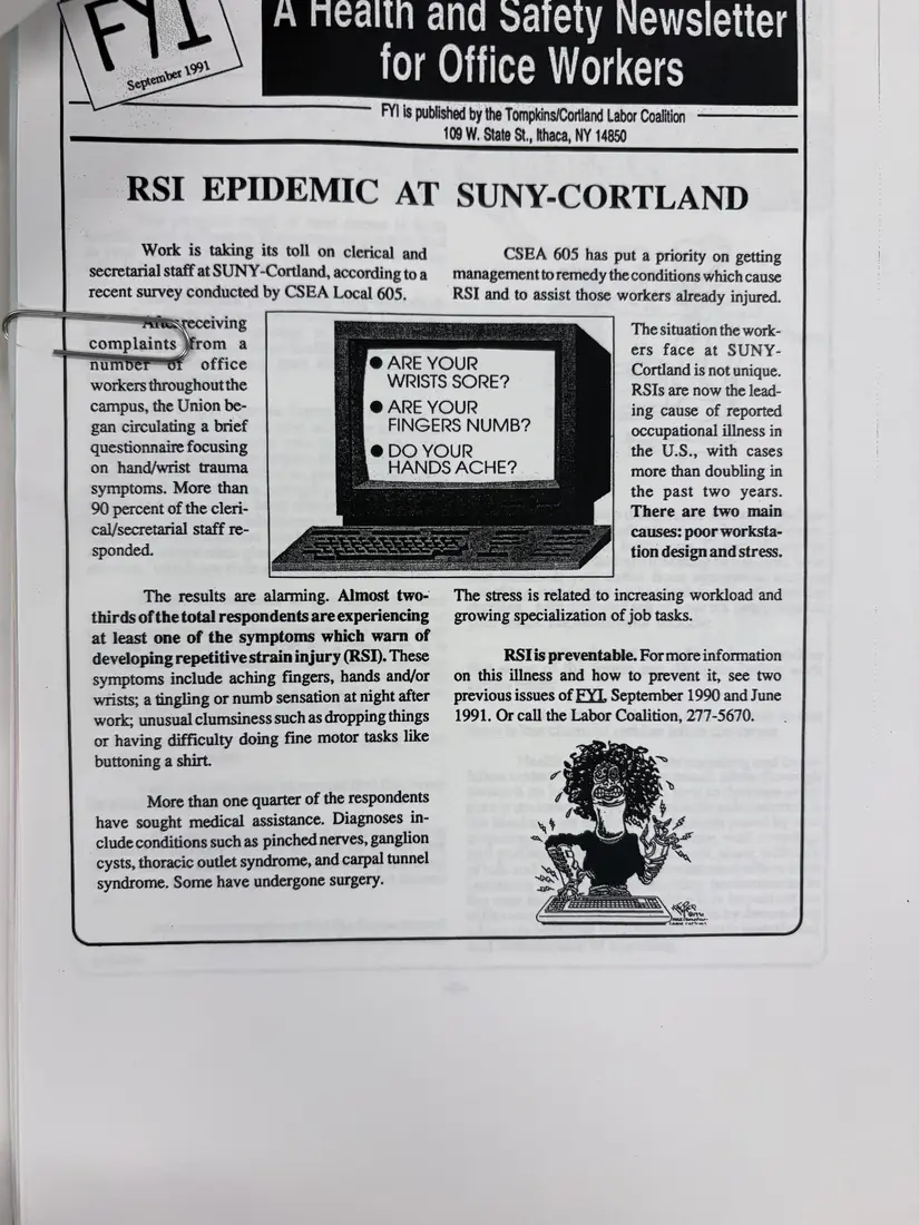 Photograph of a newsletter: FYI: A Health and Safety Newsletter for Office Workers, September 1991, page 1.