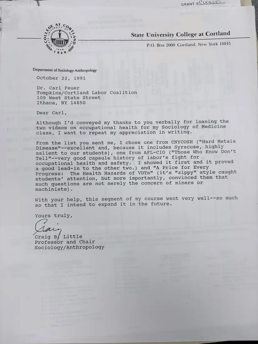 Photograph of a letter: Craig B. Little, SUNY Cortland, thanks Carl Feuer for occupational health videos, page 1.