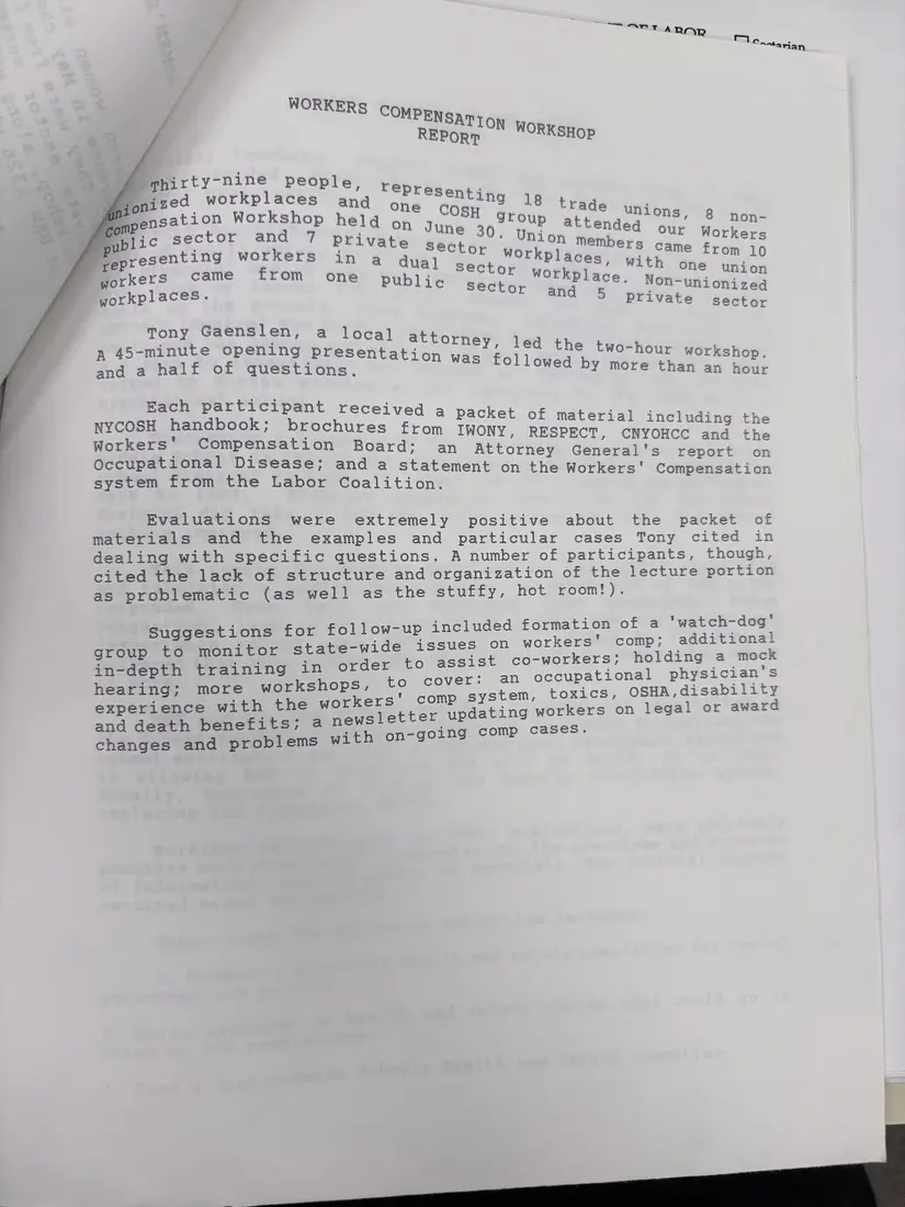 Photograph of a report: Workshop reports: women workers, workers' compensation, and school hazards, 1992, page 2.