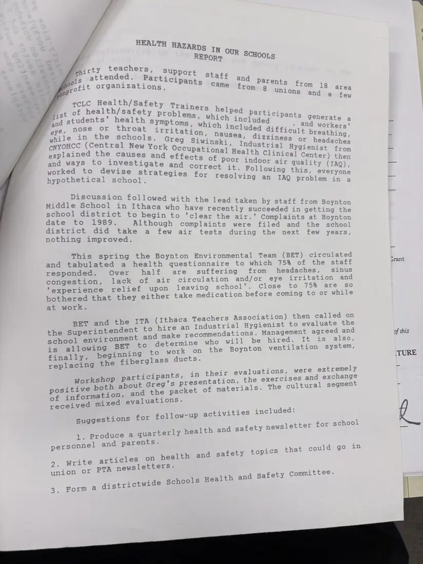 Photograph of a report: Workshop reports: women workers, workers' compensation, and school hazards, 1992, page 3.