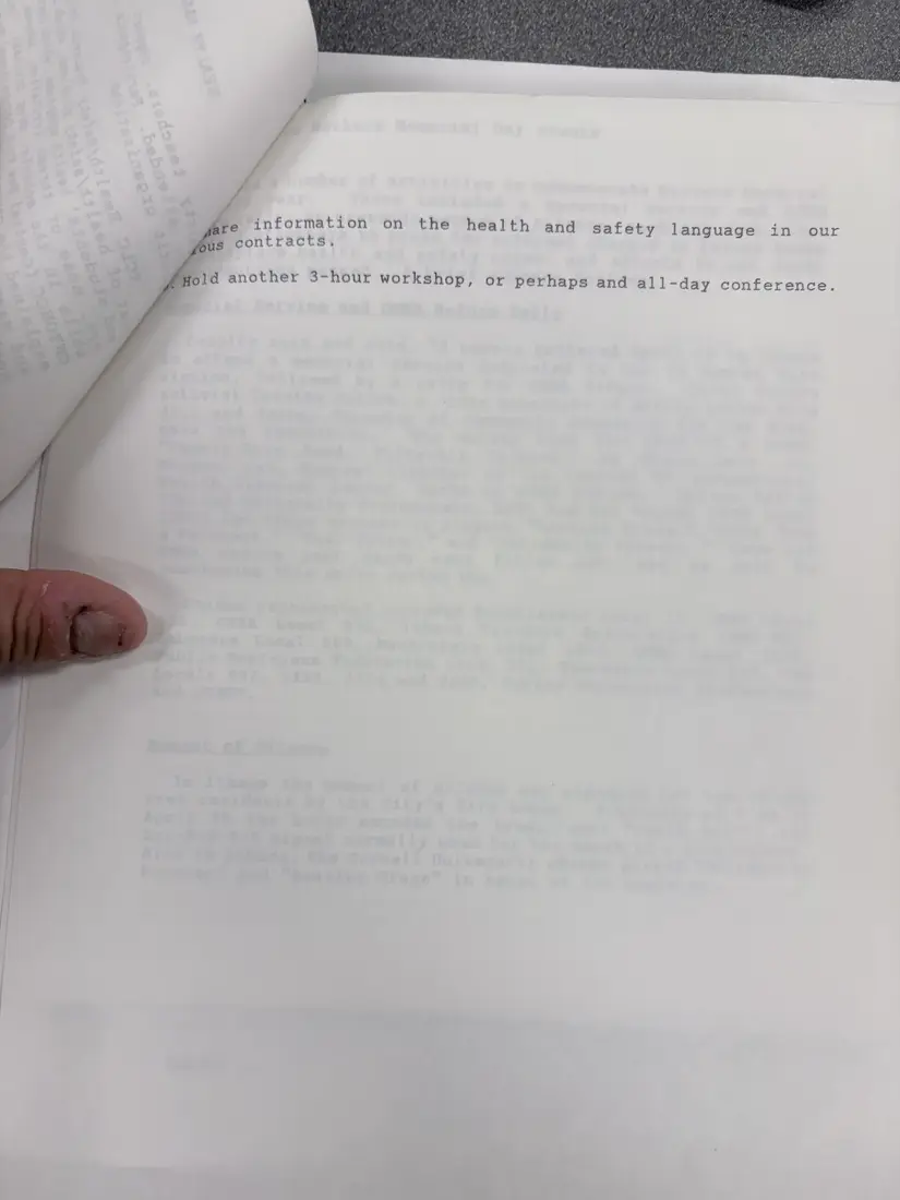 Photograph of a report: Workshop reports: women workers, workers' compensation, and school hazards, 1992, page 4.