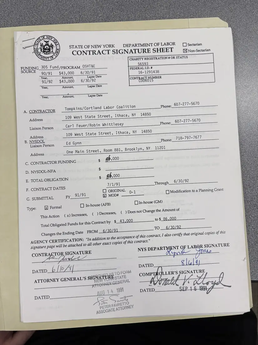 Photograph of a draft agreement: State health and safety training contract, July 1991 – June 1992, page 1.